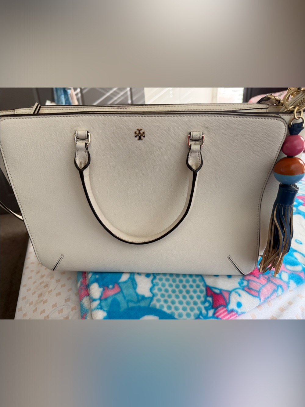 Tory Burch Cream Saffiano Leather Tote with Tassel Charm